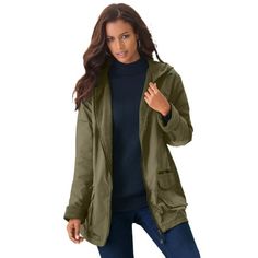 Roaman's Women's Plus Size Hooded Jacket With Fleece Lining Rain Water Repellent.Windproof outside, cozy-warm inside, this fleece-lined jacket is essential for transitional weather. Made in water repellent fabric with a front zipper, cuffed sleeves and hood, its the stylish, all-weather jacket you need to step up your rain game. This ideal, all-purpose coat even has zip and flap pockets for holding anything you need to keep dry. 32" lengthNylon; poly/fleece lining Machine washImported. About the Water Control, Fleece Jacket Womens, Rain Jacket Women, Plus Size Outerwear, Rain Coat, Green Coat, Swimsuits For All, Current Fashion Trends, Womens Fleece