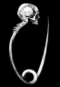 a black and white drawing of a human skull with long, curved bones on it's head