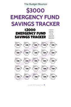 the $ 350 emergency fund savings tracker is shown with piggy numbers in purple and white