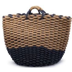 a brown and black basket with handles on it's sides, sitting in front of a white background