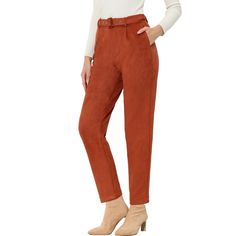 The soft and breathable touch of the pants with slight stretchy, is easy to match with an OL blouse or casual tops for fall and winter days. Charm all day long in these casual, high waist pants available in straight legs long pants designs. It is versatile to match with a casual blouse, formal business button-down shirt, or elegant sweater; and paired with high heels or boots can show your delicate collocation. Brown Tapered Leg Bottoms For Fall, Brown Bottoms For Business Casual In Fall, Brown Pants With Elastic Waistband For Fall, Brown Bottoms For Fall Workwear, Brown Pants For Workwear In Fall, Non-stretch Brown Bottoms For Fall, Casual Orange Pants For Fall, Fall Tapered Leg Solid Pants, Winter Solid Brown Bottoms