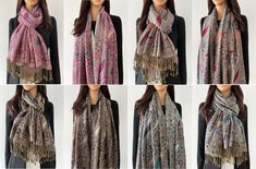 Womens large, long, paisley scarf. Pashmina shawl style multi colour scarf wrap with large paisley floral prints. Stunning vintage style! Beautiful quality scarf for women in rich regal colours. Reversible double sided shawl. Great for everything from a casual wear neck scarf, to a formal wrap or wedding shawl. Ideal gift or ladies "Gift for Her".  Available in Fuchsia Pink, Dark Purple, Brown and Teal. 55% Viscose, 45% Acrylic. 185L X 70W CM. Style 2 (semi-silky feel) available in Teal Blue, Fuchsia, Green, Purple, Silver and Yellow. 55% Viscose, 45% Acrylic. 180L X 70W CM. - Reversible; wear on both sides with different shades, light and dark colours!  - Stunning; really pretty as an elegant shoulder scarf or wedding wrap scarf for women.  - Soft delicate feel beautiful quality womens sc Formal Wrap, Shoulder Scarf, Multicolor Wedding, Colour Wedding, Shawl Style, Paisley Scarf, Evening Shawls, Paisley Scarves, Dark Colours