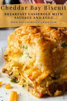 cheddar bay biscuit breakfast casserole with sausage and eggs on a plate