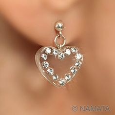 Heart dangle earring, Silver heart earring, Silver earring, Clear lucite earring, Swarovski drop earring, Swarovski crystal stud earring.Cute clear lucite earrings. Dainty silver dangle heart earrings. Each acrylic heart is a handset with 14 clear genuine Swarovski crystals and is hanging from sterling silver post earrings. Indulge yourself or a loved one with this gorgeous transparent hearts!!! *Earrings drop of length: 20 mm / 0.78 inch down from the top of the ear wire.*Heart size: 13 x 11 mm Crystal Heart Earrings Perfect As A Gift, Crystal Heart Dangle Earrings For Gift, Heart-shaped Crystal Earrings For Gift, Crystal Heart-shaped Earrings For Pierced Ears, Clear Earrings For Pierced Ears As A Gift, Valentine's Day Clear Jewelry For Party, Clear Crystal Earrings As A Gift, Clear Crystal Earrings For Gift, Clear Dangle Crystal Earrings As A Gift