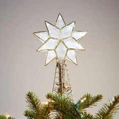 a white star ornament on top of a christmas tree