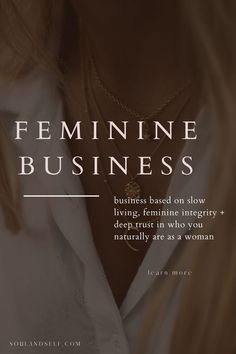 a woman wearing a white shirt and necklace with the words feminine business written on it