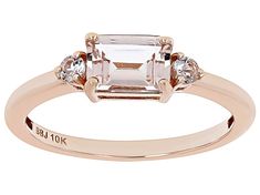 0.77ct Rectangular Octagonal Cor-De-Rosa Morganite™ And 0.15ctw Round White Sapphire 10k Rose Gold Ring. Measures Approximately 0.50"L x 0.20"W. Peach Morganite Ring, Pearls Wedding, Peach Morganite, Morganite Ring, White Sapphire, Morganite, Rose Gold Ring, Event Planning, Gold Ring