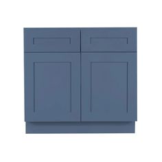 a blue cabinet with two doors and one drawer on the left side, against a white background