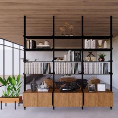 a living room with bookshelves and shelves filled with books on top of them