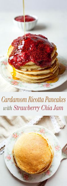 pancakes with strawberry chia jam on top and the pancake is ready to be eaten