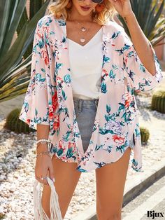 Bjux - Womens Fashion Floral Print Cover Up Shirt with V-Neckline and Long Sleeves - Ideal for Swimwear and Casual Attire Non-stretch Printed Tops For Vacation, Printed Non-stretch Tops For Vacation, Summer Stretch Printed Blouse, Casual V-neck Blouse For Beach Season, Non-stretch Floral Print Tops For Vacation, Floral Print Non-stretch Top For Vacation, Spring V-neck Stretch Blouse, Spring Pink Non-stretch Blouse, Floral Print Stretch Tops For Vacation