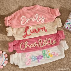 Custom Hand-Embroidered Baby Sweater This soft knit sweater is perfect for baby girls and boys. Personalized with your baby's name, it's a unique gift for any occasion! Material: Soft, comfortable knit Sizes: Available in various baby sizes Customization: Add your baby's name A cozy, custom sweater for your little one! Baby Name Sweater, Name Sweater, Pull Bebe, Custom Sweaters, Custom Baby Gifts, Baby Sweater, Baby Boy Names, Baby Name, Boys Baby