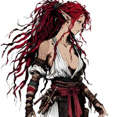 Fantasy character design. Elf girl. Red dreadlocks. Fabric open robe. Sketch style. Made by AI. Demon Character Art, Fantasy Tribe, Female Elf Warrior, Pathfinder Races, Fictional Races, Red Dreadlocks, Dungeons And Dragons Books, Elf Warrior, Female Elf