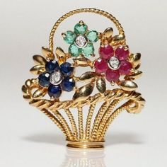 Vintage Basket of Flowers Brooch emerald, ruby, blue sapphire for Women/ Wedding /Engagement/ Anniversary Gift Metal: Sterling Silver Metal Purity: 925 Metal Wt:20.00 gram Gemstone: Ruby, Sapphire, Emerald  Gemstone creation: lab created Product Color: 18k yellow gold plated Vintage Basket, Vintage Baskets, Wedding Brooch, Gift For Grandma, Ruby Sapphire, Emerald Gemstone, Engagement Anniversary, Flower Basket, Grandma Gifts