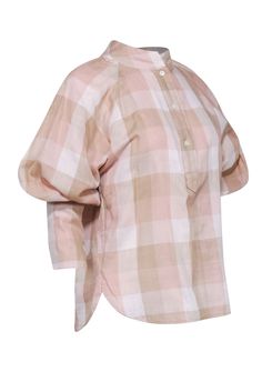 Go preppy and posh for those crisp months with this pastel piece from Joie! Made with billowy bell sleeves and a pop of plaid in a precious light pink hue, this cotton creation is perfect for adding some ethereal vibes to your autumn wardrobe. You’ll be looking light and airy for the pumpkin patch, apple orchard and beyond when you pair this beauty with mom jeans and your best booties. Size M 100% Cotton Front half button-up closure Micro plaid lining High neckline Long balloon sleeves All-over Pink Bishop Sleeve Blouse For Fall, Plaid Puff Sleeve Top For Spring, Spring Plaid Puff Sleeve Top, Fall Pink Bishop Sleeve Blouse, Chic Plaid Puff Sleeve Tops, Pink Bishop Sleeve Blouse For Spring, Pink Puff Sleeve Cotton Blouse, Pink Blouson Sleeves Top For Daywear, Plaid Puff Sleeve Cotton Top