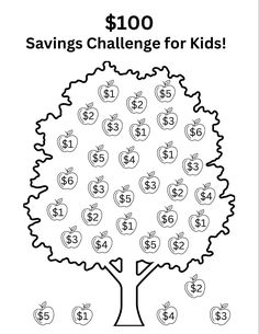 an apple tree with the words $ 100 savings challenge for kids to print and color