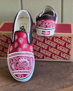 Hand painted red paisley vans! Red Vans Custom, Casual Red Hand Painted Sneakers, Casual Hand Painted Red Sneakers, Painted Shoes Diy, Oreo Recipes, Shoes Diy, Red Paisley, Vans Slip On, Stiletto Shoes