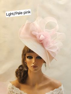 Large Light Pink  Hat Fascinator with long Quill Feather, Crinoline Roses and bows perfect for Mother of Bride or Goom, Royal Ascot, Kentucky Derby, Weddings Goodwood revival, Christening, Ascot or any special occasion. Gorgeous Pink straw weave Hat fascinator long quill feather  Crinoline  Roses and featherd flowers This hat has been made by hand and very light to wear 38cm (15 inches) Saucer hat This hat is designed to be worn tilted on the side of the head with  long Quill feathers and Feathe Elegant Pink Summer Hat, Elegant Pink Top Hat For Church, Elegant Pink Wide Brim Mini Hats, Elegant Pink Boater Hat For Garden Party, Elegant Pink Adjustable Hat, Pink Curved Brim Top Hat For Wedding, Elegant Pink Boater Hat For Spring, Elegant Pink Curved Brim Boater Hat, Pink Top Hat With Curved Brim For Wedding