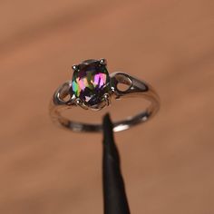 Rainbow Topaz Ring, Square Cut Engagement Rings, Silver Solitaire Engagement Ring, Square Cut Rings, Topaz Rings, Pink Morganite Ring, Elegant Rings, Double Heart Ring, Black Spinel Ring