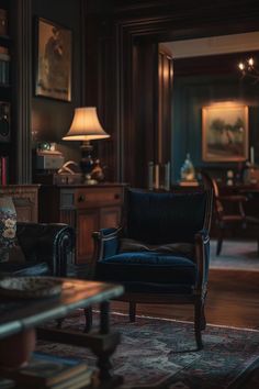 a living room filled with furniture and lots of books on the shelves in front of it