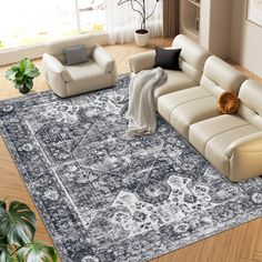 a living room area with couches and rugs