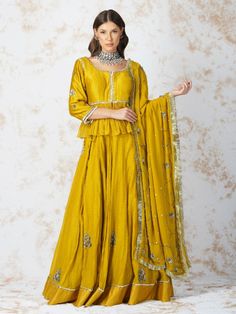 Mustard Yellow Antique Work Chanderi Lehenga Set (Set of 3) By Devyani Mehrotra now available at Trendroots Chanderi Lehenga, Smart Clothing, Mustard Fabric, Zardozi Work, Georgette Dupatta, Smart Outfit, Street Smart, Yellow Fabric, Indian Designer