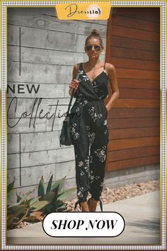 V Neck Split Long Floral Pocketed Romper Jumpsuits Elegant Floral Print Jumpsuits And Rompers For Vacation, Chic Summer Floral Jumpsuits And Rompers, Chic Floral Print Summer Jumpsuits And Rompers, Chic Black Printed Jumpsuits And Rompers, Chic Floral Print Overall Jumpsuits, Elegant Floral Print Jumpsuits And Rompers For Day Out, Chic Floral Print Overall Jumpsuits And Rompers, Elegant Printed Jumpsuits And Rompers For Summer, Elegant Printed Summer Jumpsuits And Rompers