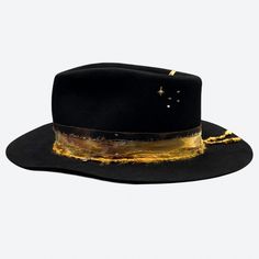 Black Star Fedora Hat | Valeria Andino Hats Mens Dress Hats, Black Fedora, 100 Euro, Gold Hats, Wedding Hat, Felt Fedora, Dyed Silk, Hand Dyed Silk, Wedding Hats