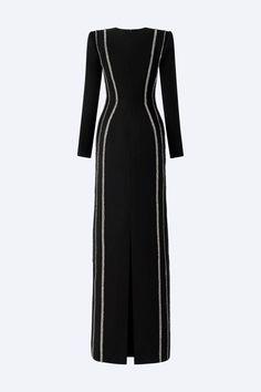 This dress offers a classic and sophisticated look. The form-fitting silhouette flatters all body types and crepe fabric provides comfort while still making a statement. For a timeless style, this dress is a must-have. Fitted Maxi Dress For Dinner, Luxury Fitted Long Evening Dress, Elegant Evening Dress With Structured Boning And Fitted Bodice, Luxury Fitted Maxi Evening Dress, Fitted Floor-length Maxi Dress For Dinner, Fitted Sheath Maxi Dress For Dinner, Elegant Cocktail Evening Dress With Structured Boning, Formal Bodycon Sheath Evening Dress, Classic Maxi Dress With Fitted Bodice For Evening