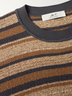 DESIGNED BY MR PORTER. Mr P.'s T-shirt is knitted with alternating, textured stripes, so it'll add interest to casual outfits. It's been made in Italy from breathable cotton and has a ringer-style collar to match the dark-grey ribbed trims. Lower Impact Materials. This product is made using at least 50% lower-impact materials or ingredients. Find out more about our Consciously Crafted criteria here. Striped Tshirt Men, Mr P, Stripe T Shirt, Stripes Texture, Textured Sweater, Cycling Accessories, Gentleman Style, Suede Jacket, Mr Porter