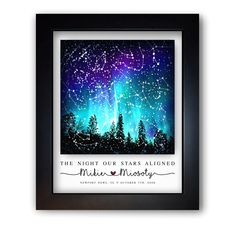 the night our stars aligned is framed in a black frame with an image of trees on it