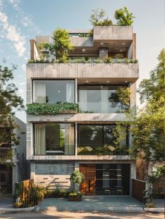 an apartment building with plants growing on the balconies