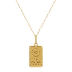 This lovely ingot pendant has 1 gram of 24 karat yellow gold in the center of the piece and the frame and bail are crafted from quality 14 karat yellow gold. This piece hangs from a 22-inch adjustable cable chain and is secured with a lobster clasp. Classic Yellow Gold Square Pendant Jewelry, Classic Gold Jewelry With Rectangular Pendant, Yellow Gold Square Pendant Jewelry With Polished Finish, Classic Hallmarked Necklace With Rectangular Pendant, Gold Jewelry With Square Coin Pendant, Gold Jewelry With Coin Pendant, Gold Square Pendant Jewelry With Polished Finish, Gold Jewelry With Polished Square Pendant, Classic Gold Necklace With Rectangular Pendant