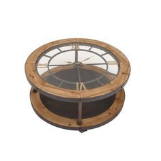 a wooden and glass table with a clock on it's face in front of a white background