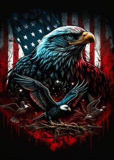 an eagle with the american flag on it's back and stars in the background