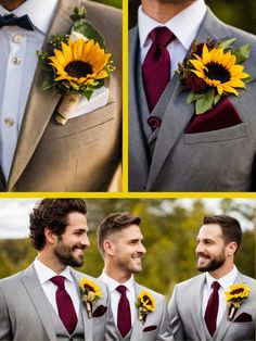 three pictures of men in suits and ties with sunflowers on their lapels