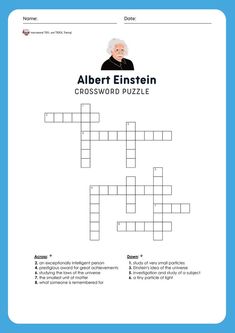 the albert einstein crossword puzzle is shown on a blue and white background with an image of