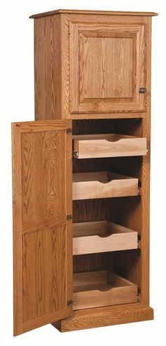 a wooden cabinet with drawers and shelves in it