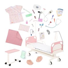 a doll's hospital room is shown with accessories