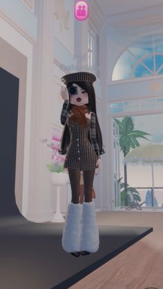 an animated image of a woman in a hat and coat standing on the floor with her hands behind her head