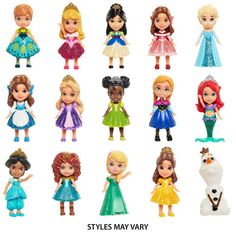 the dolls are all dressed up in different styles and colors, including snowman, princess,