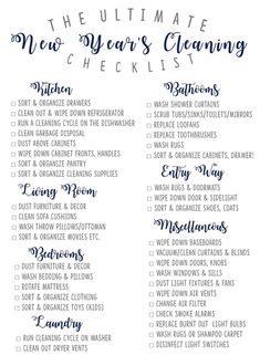 the ultimate new year's cleaning checklist is shown in blue ink on white paper