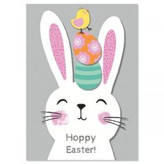 a card with an easter bunny and bird on it's head, says happy easter