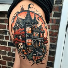 Hip Tattoo Master Tattoo Designs Spooky Thigh Tattoos Women, Womens Hip Tattoo Ideas, Little Halloween Tattoos, Womens Halloween Sleeve Tattoo, Halloween Themed Thigh Tattoos, Pinup Tattoo Halloween, Gothic Pinup Tattoo, Spooky Tattoos For Women, Traditional Halloween Pinup Tattoo