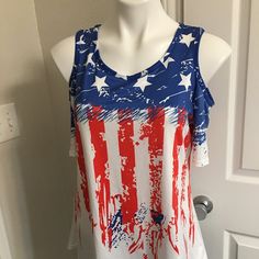 So Much Fun, This Is Cold Shoulder, Had To Do W/ A Mannequin That Has No Arms But I Put It In One Photo This Will Fit Up To 36 Bust Only Casual Tops For Beach On Memorial Day, White American Flag Print Top For The Beach, White Tops With American Flag Print For Beach, White American Flag Print Tops For Beach, White American Flag Print Top For Beach, Blue Flag Print Tops For Summer, Multicolor Casual Tops For Memorial Day, Casual Multicolor Top For Memorial Day, Multicolor American Flag Print Tops For Summer