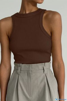 Orcajump - Sleeveless Knit V-Neck Cotton Plain Ribbed Striped Casual Top Top Marron, Tops 2022, Sleeveless Knit, Womens Tops Summer, Casual Chic Outfit, Summer Tank Tops, Basic Shirts, Sleeveless Crop Top, Casual Top