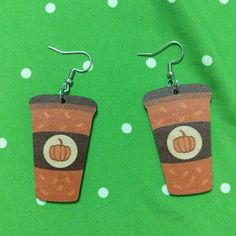 Halloween/Fall Dangle Earrings. Coffee Cups With Pumpkin Location: Small Closet Earrings Coffee, Jewelry Halloween, Small Closet, Pumpkin Colors, Halloween Fall, Halloween Jewelry, Orange Brown, Brown Orange, Coffee Cups