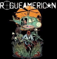 an image of a group of zombies in front of a helicopter with the words roue americann on it