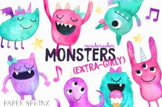 watercolor monsters with music notes and stars