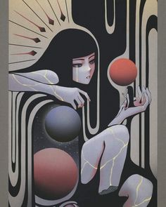 a woman holding a red ball in her right hand and looking at it with an abstract background